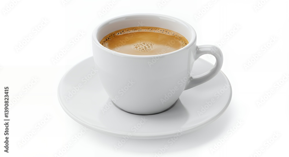 Enjoying Fresh Espresso Drink in White Cup Isolated on White Background Enjoying Fresh Espresso Drink in White Cup Isolated on White Background