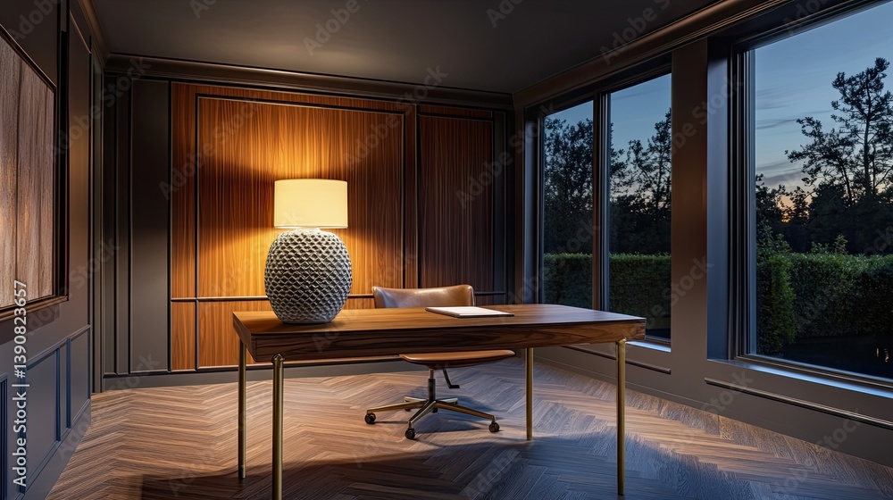 A mid-century home office with a charcoal gray ceiling