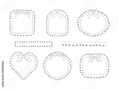 Vector set of hand-drawn frames with ruffles and bows in black and white. Outline design with frilly edges, perfect for cards, invitations, scrapbooking, and coloring pages.
