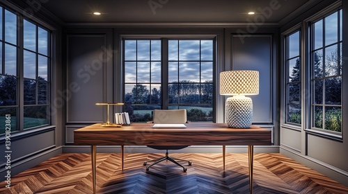 A mid-century home office with a charcoal gray ceiling