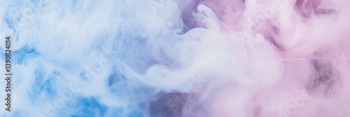 A volleyball is in the air with smoke surrounding it. The ball is pink and black. The smoke is purple and blue