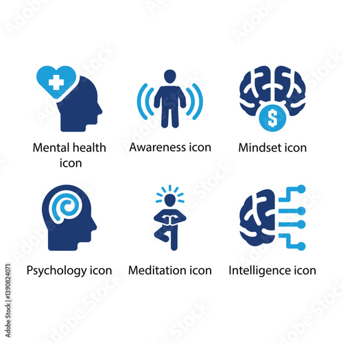 Mental health, Awareness, Mindset, Psychology, Meditation, Intelligence, Blue Icon Set