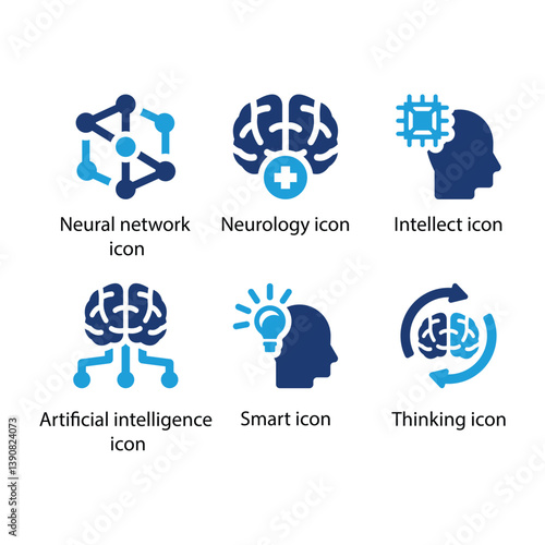 Neural network, Neurology, Intellect, Artificial intelligence, Smart, Thinking, Blue Icon Set
