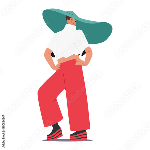 Young woman top model cartoon character demonstrating fashionable trendy outfit isolated on white