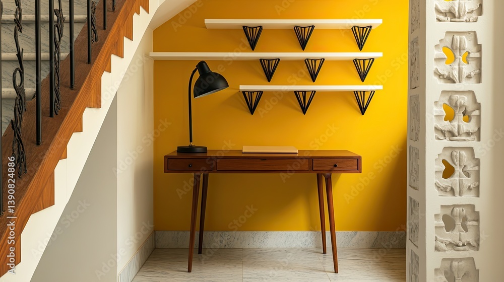 A mid-century workspace tucked under a staircase