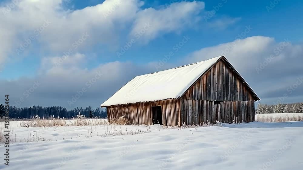 Rustic Wooden Barn in Snow Covered Field on a Sunny Winter Day with Blue Sky Rustic Wooden Barn in Snow Covered Field on a Sunny Winter Day with Blue Sky