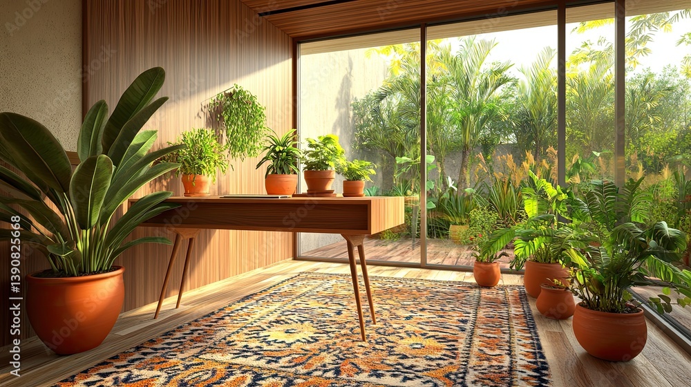 A mid-century office infused with nature
