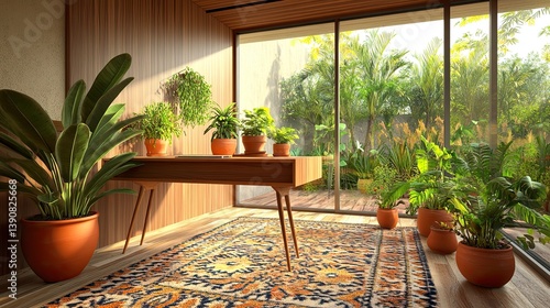 A mid-century office infused with nature