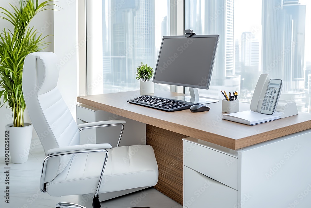 Fototapeta premium A modern office desk with a computer and city view