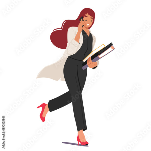 Businesswoman cartoon character having business call on mobile phone running to work office