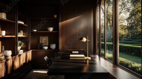Obraz na płótnie A minimal yet luxurious mid-century home office with dark wood-paneled walls w salonie