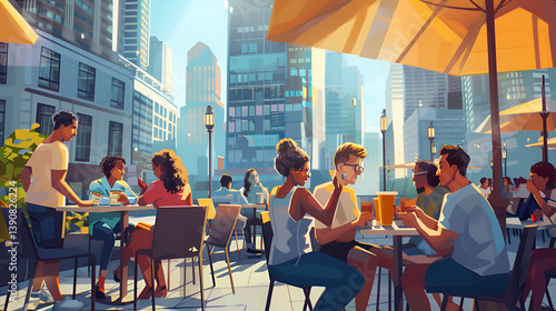 Vibrant outdoor cafe scene with people enjoying drinks and conversation under umbrellas in a sunny city.


