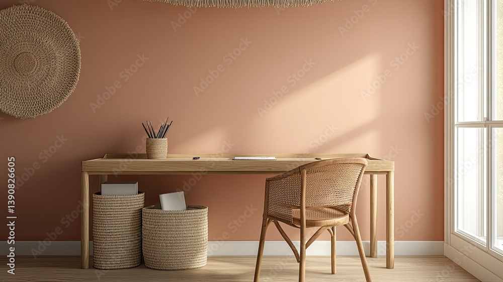 A minimalist workspace with a tray-style oak desk