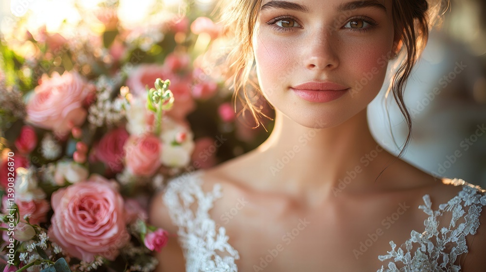 Obraz premium Beautiful bride with a stunning bouquet of pink roses at sunset during the wedding ceremony in an outdoor garden