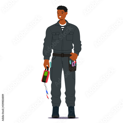 Electrician sailor cartoon sea cruise crew character wearing uniform holding professional tools