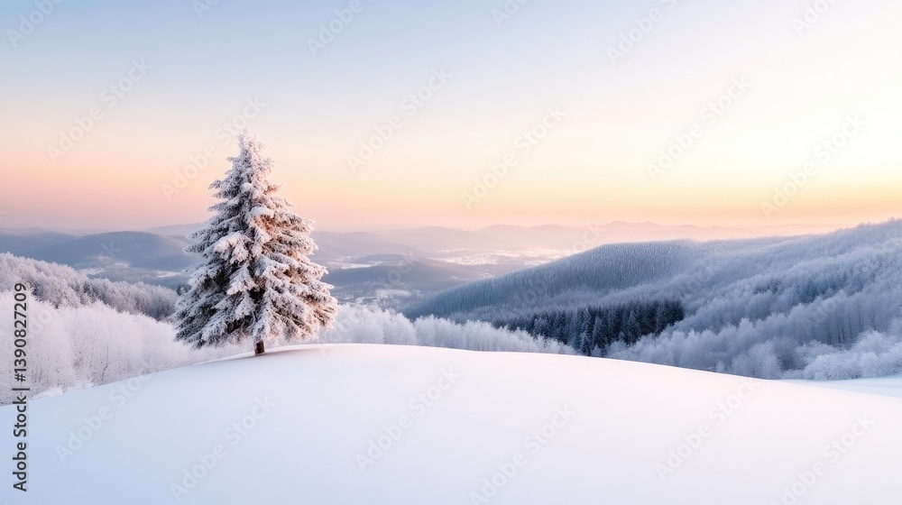 Naklejka premium Snowy Pine Tree Winter Landscape Serene Panorama High-resolution Soft Light Wide Angle Expansive View Peaceful Sunrise Pastel Hues Ideal for Calming Imagery