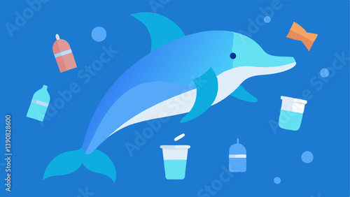 Dolphin with Straws and Cups A playful dolphin jumps out of the water surrounded by floating plastic straws and disposable cups emphasizing the variety of plastic items in the