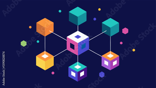 Blockchain Concept An abstract representation of a blockchain with interconnected blocks and a colorful NFT artwork floating above symbolizing secure ownership of digital art.