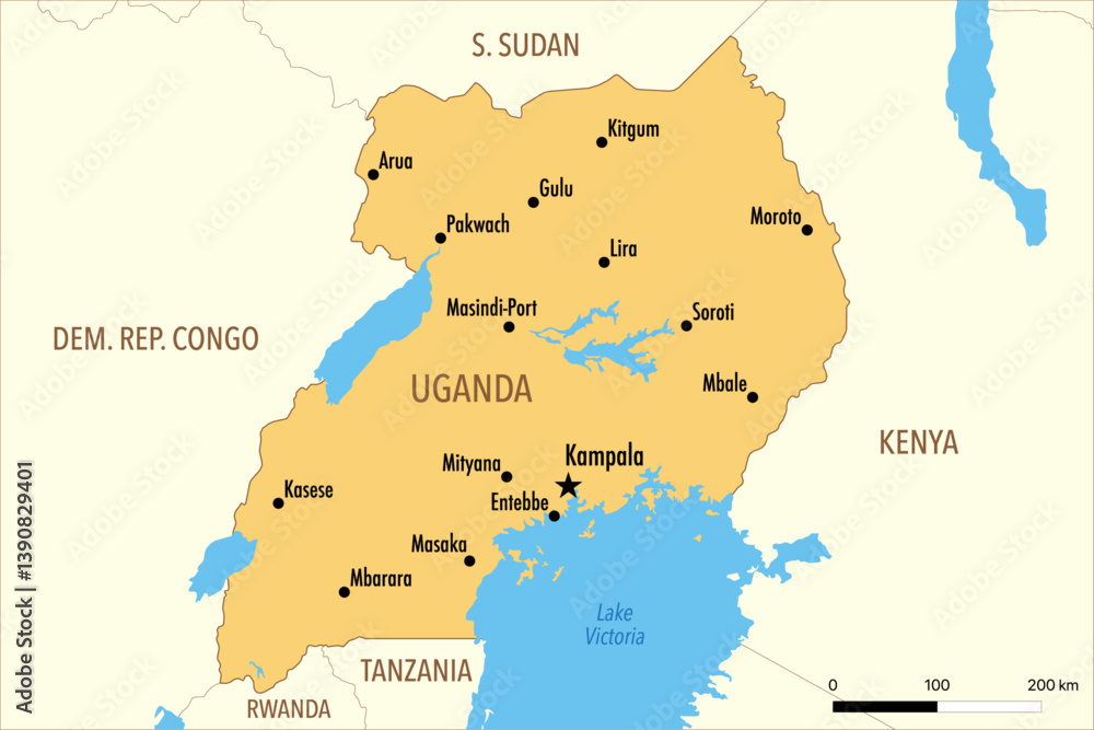 Naklejka premium Vector Map of Uganda with Major Cities and Neighboring Countries – Editable Illustration