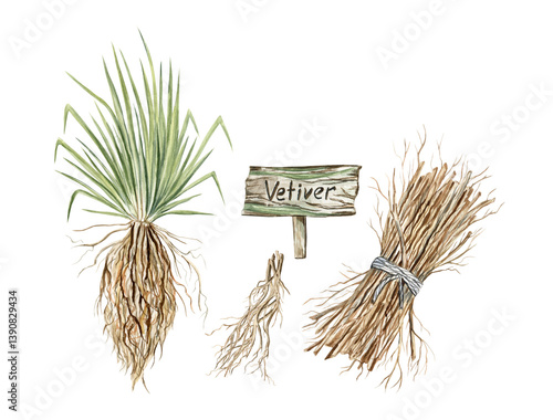 Watercolor illustration of Vetiver plant and roots. Hand-drawn clip art of vetiver, one of the most used perfume ingredients, isolated on transparent background 
