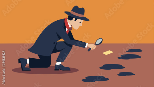 Magnifying Glass and Footprints A detective kneels on a cobblestone path using a magnifying glass to examine a set of mysterious footprints leading away from a scene.