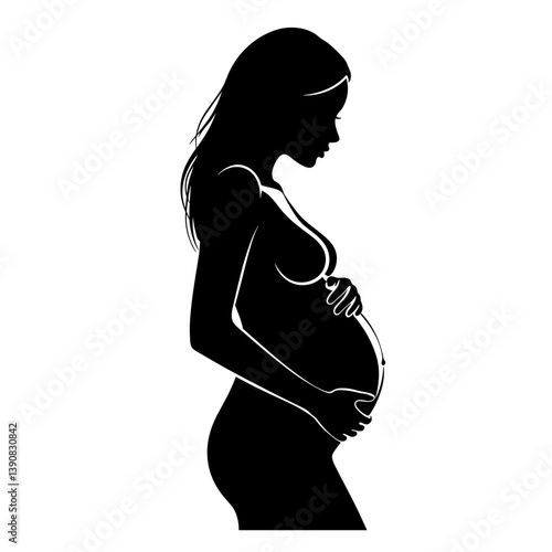 Pregnant woman gently cradling belly in silhouette style  