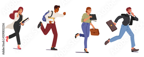 Nervous stressed businesspeople cartoon characters running overworked of everyday routine set