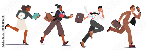 Worried businesspeople cartoon character running in rush having lack of time, urgent work set