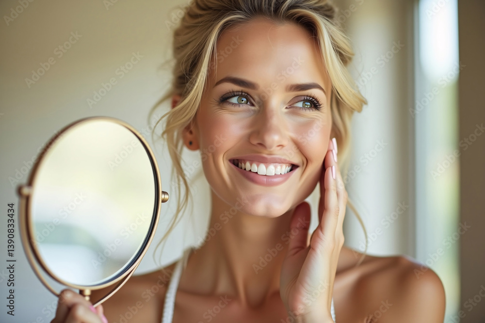 Happy Middle-Aged Woman Touching Face in Mirror – Skincare and Anti-Aging Beauty Happy Middle-Aged Woman Touching Face in Mirror – Skincare and Anti-Aging Beauty