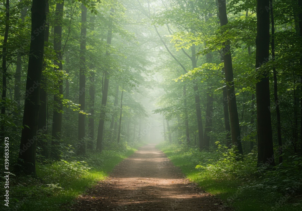 Naklejka premium Enchanted forest path with dappled sunlight and misty atmosphere