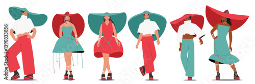 Male and female top models cartoon characters demonstrating fashion outfit posing for audience set