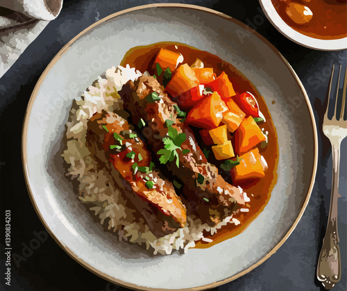 Tender Beef Sausages with Gravy over Rice and Stewed Vegetables