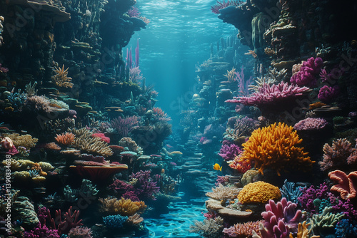 Fototapeta Naklejka Na Ścianę i Meble -  colorful coral reef with a variety of fish swimming around. Scene is peaceful and serene, as the vibrant colors of the coral and fish create a sense of calmness and tranquility
