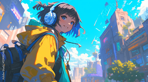 The heroine wears headphones against the backdrop of a bright, technological city, bathed in morning light..