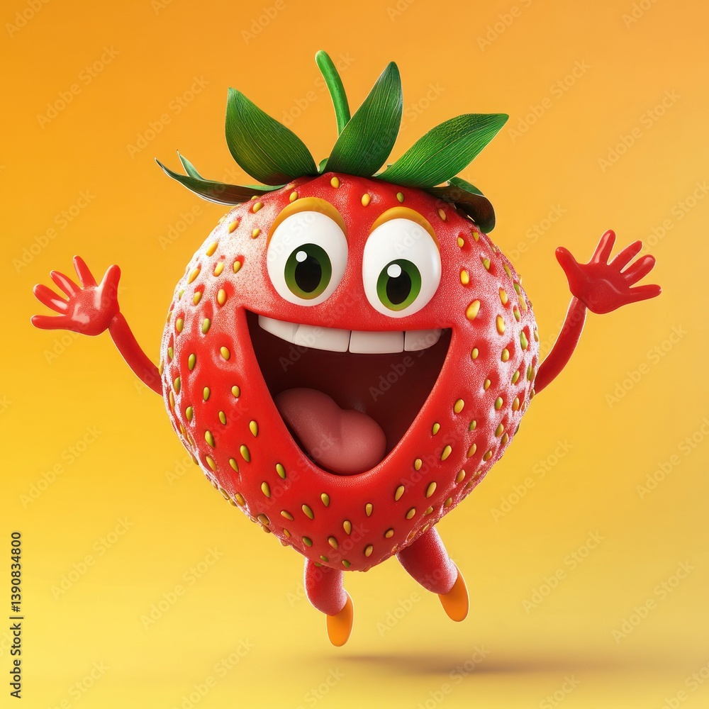 Fototapeta premium Joyful jumping strawberry cartoon, orange background, food ad