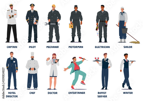Sea cruise crew isolated set with man and woman providing different important services on board