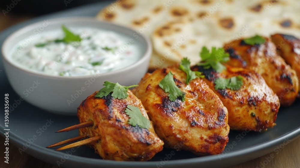 Delicious chicken skewers with yogurt sauce and naan Delicious chicken skewers with yogurt sauce and naan