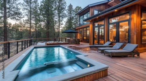 Wallpaper Mural Modern wooden cabin with hot tub on deck surrounded by trees at sunset in serene mountain landscape Torontodigital.ca