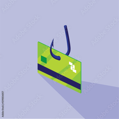 Isometric Illustration of Credit Card on a Fishing Hook Representing Online Phishing Scam and Financial Fraud
