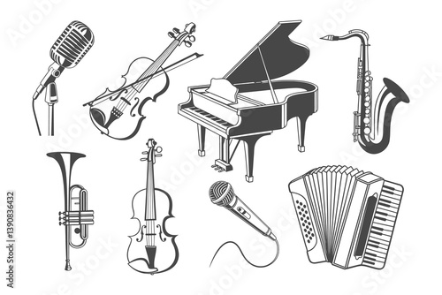 Musical instruments icons set. Piano, violin, saxophone, trumpet, accordion, microphone. Illustration, silhouettes.