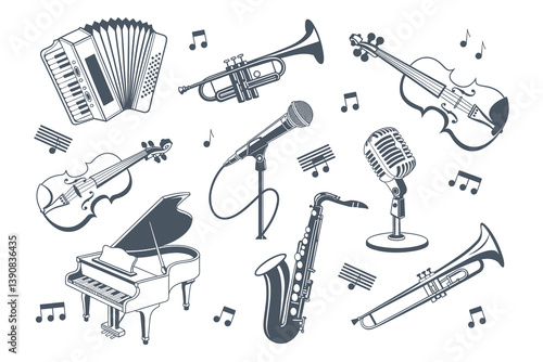 Musical instruments icons set. Piano, violin, saxophone, trumpet, accordion, microphone. Illustration, silhouettes.
