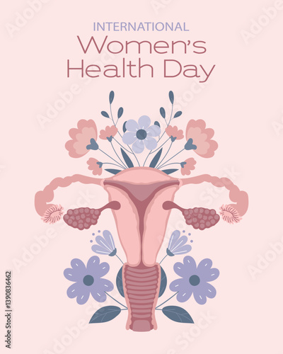 Women's Health Day. Female reproductive system with flowers and leaves. Flat style artistic illustration.
