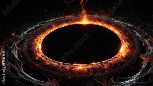 A dark black hole surrounded by a fiery, glowing accretion disk in space.