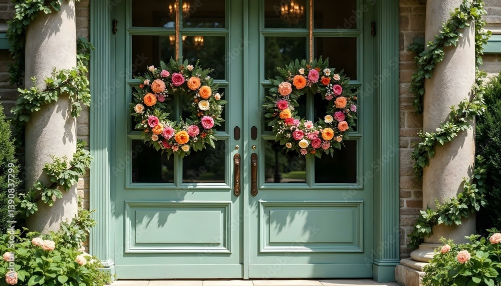 Front doors decorated for spring easter with flowers wreaths garlands greenery porch entry with columns pendant light steps Front doors decorated for spring easter with flowers wreaths garlands greenery porch entry with columns pendant light steps