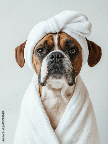Adorable Boxer Dog Spa Portrait: Funny Pet Grooming & Wellness in Home Setting