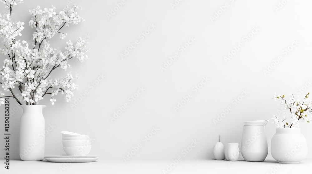 White Ceramic Vase with Blossoms and Dishes Minimalist style High-quality rendering Wide shot, centered arrangement Home decor display Peaceful serenity Perfect for homeware ads White Ceramic Vase with Blossoms and Dishes Minimalist style High-quality rendering Wide shot, centered arrangement Home decor display Peaceful serenity Perfect for homeware ads
