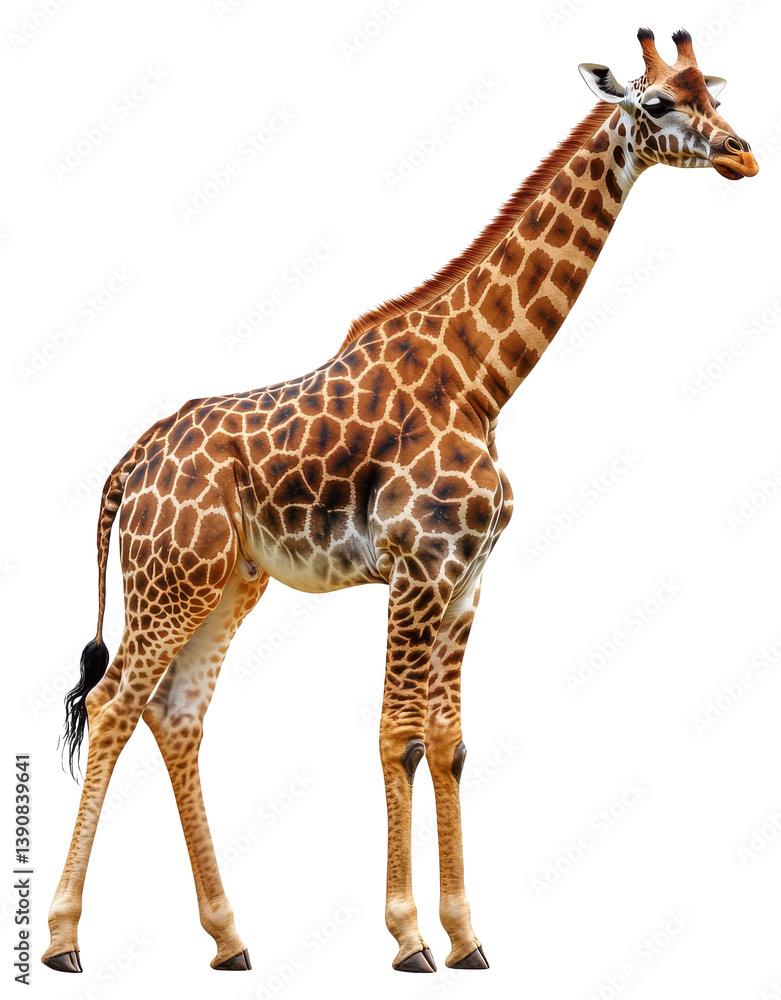 Fototapeta premium Giraffe standing tall with distinct patterns on a white background in a serene display of nature's beauty Generative AI