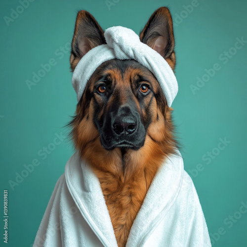 Adorable German Shepherd Spa Day: Funny Animal Portrait in Retailed Robe