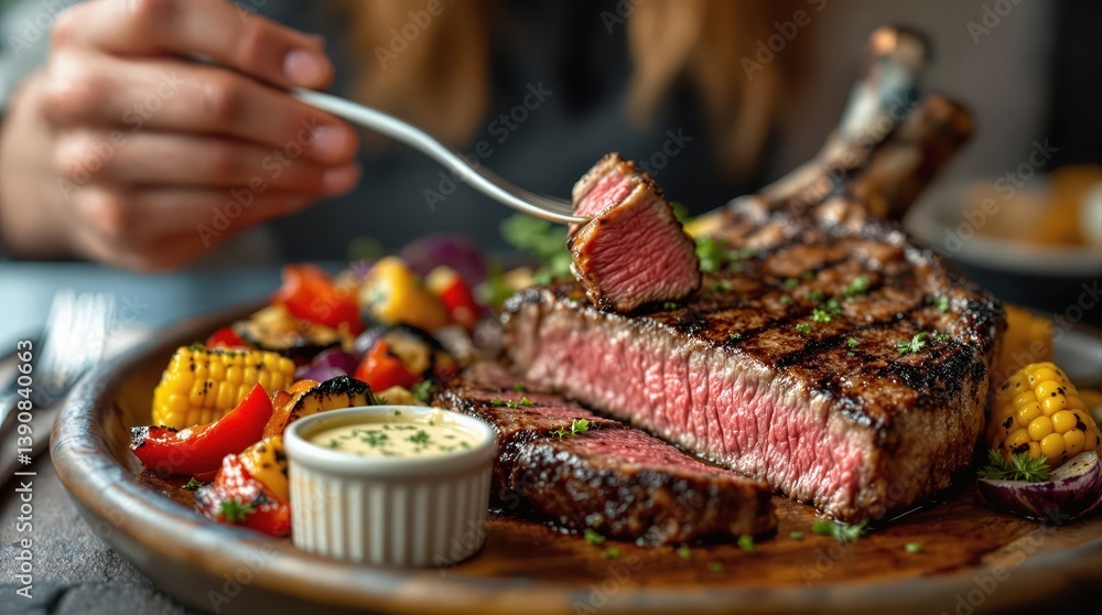 Steak with vegetables on ceramic platter - sliced tomahawk showing medium doneness beside colorful grilled corn, bell peppers and purple onions with melting herb butter creating glossy sheen Steak with vegetables on ceramic platter - sliced tomahawk showing medium doneness beside colorful grilled corn, bell peppers and purple onions with melting herb butter creating glossy sheen