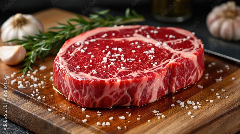 Chuck roast steak with marbling on rustic wooden board with olive oil, sea salt flakes, cracked pepper, rosemary sprigs and garlic cloves in gourmet arrangement Chuck roast steak with marbling on rustic wooden board with olive oil, sea salt flakes, cracked pepper, rosemary sprigs and garlic cloves in gourmet arrangement